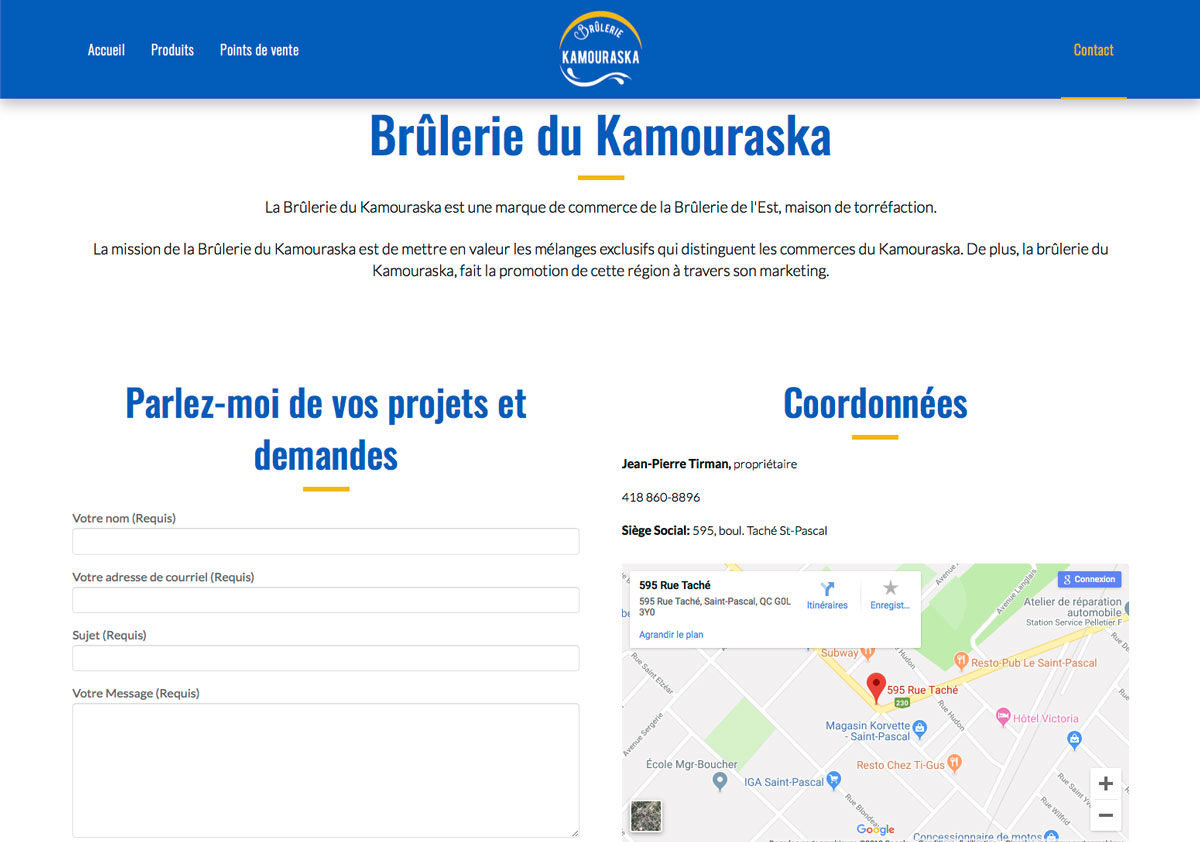 Page Contact - Site web Brûlerie du Kamouraska