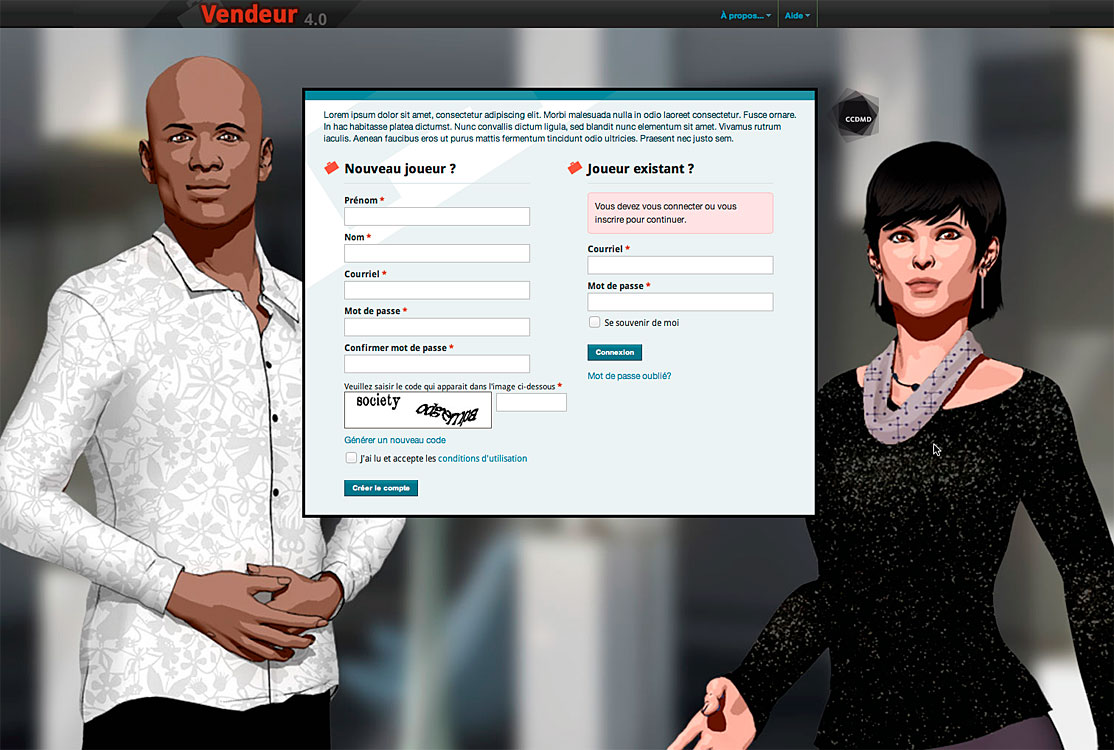 Écran d’accueil de la simulation-jeu «Vendeur», version 4.0